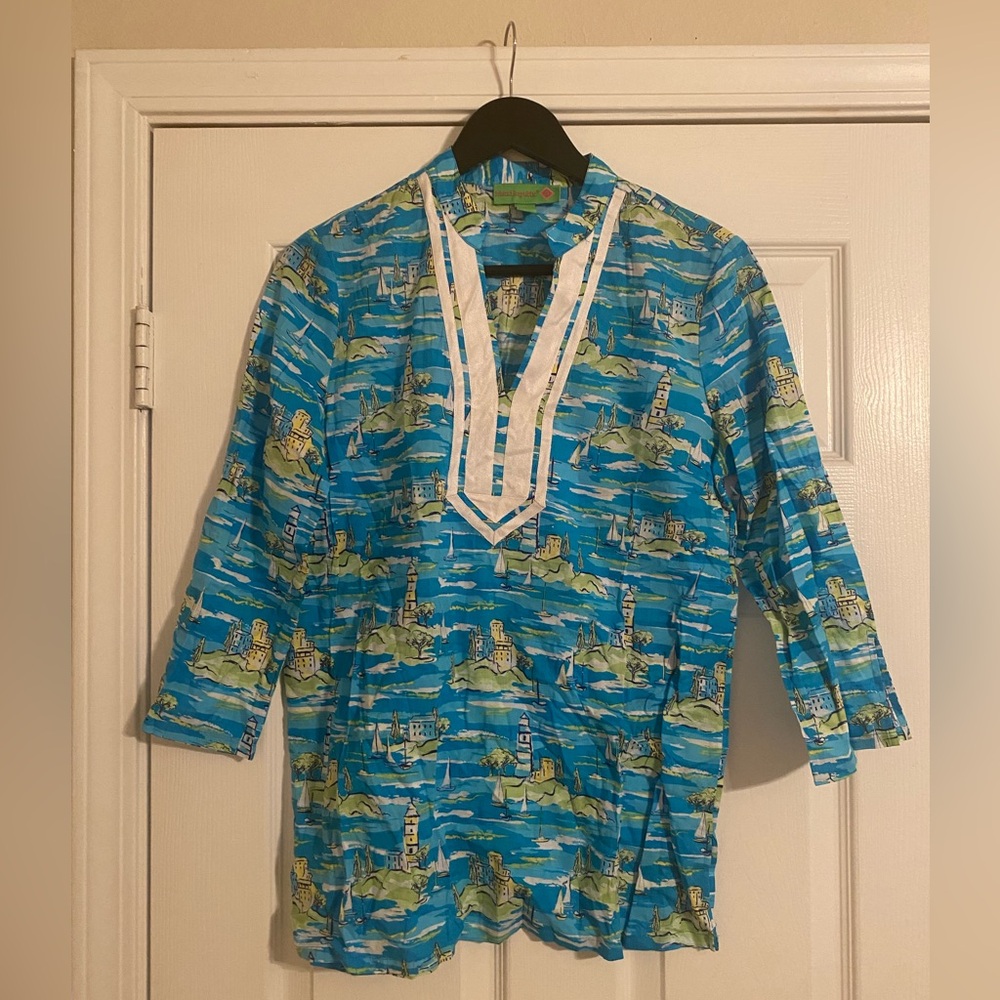 Island Republic Women’s 3/4 Sleeve. Blue/Green
 Nautical Print. Medium Shirt